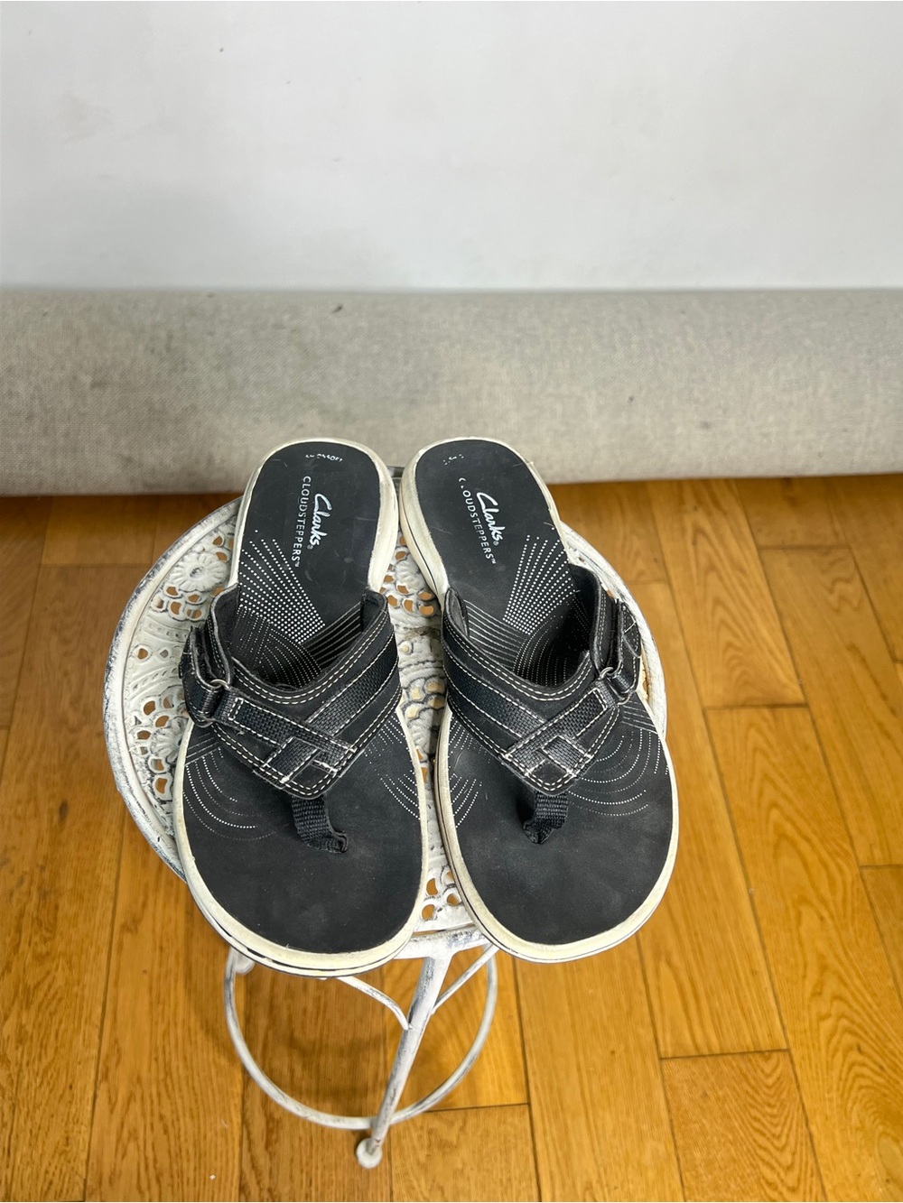 Clarks Black Leather Slide Sandals with Buckle Detail